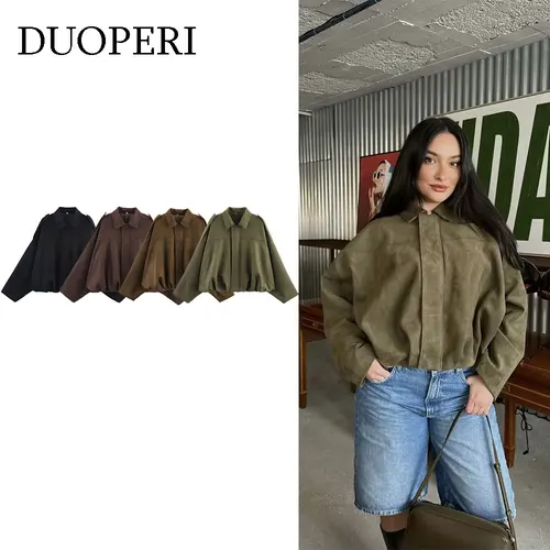 DUOPERI mujeres 2025 nuevas chaquetas Bomber sólidas cuello de solapa mangas largas elegancia femenina Chic chaqueta Casual Tops