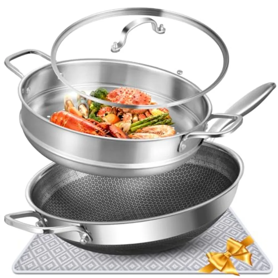 

Hybrid 13 inch Stainless Steel Wok with Steamer PFOA Free Cookware Nonstick Wok Pan and Stir-Fry Pans with Lid and Draining Mat