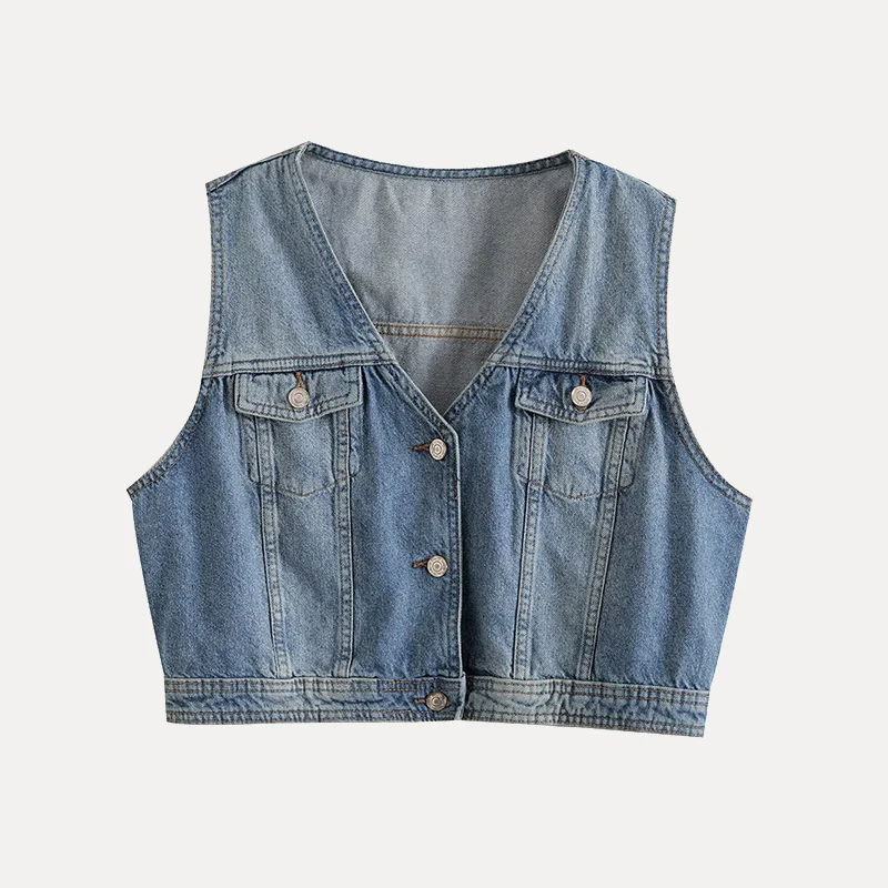 

Faionable V-Ne Svel ort Denim Vest 2025 Spring New Women's Clothing Street Sle Polyester Fiber 00%