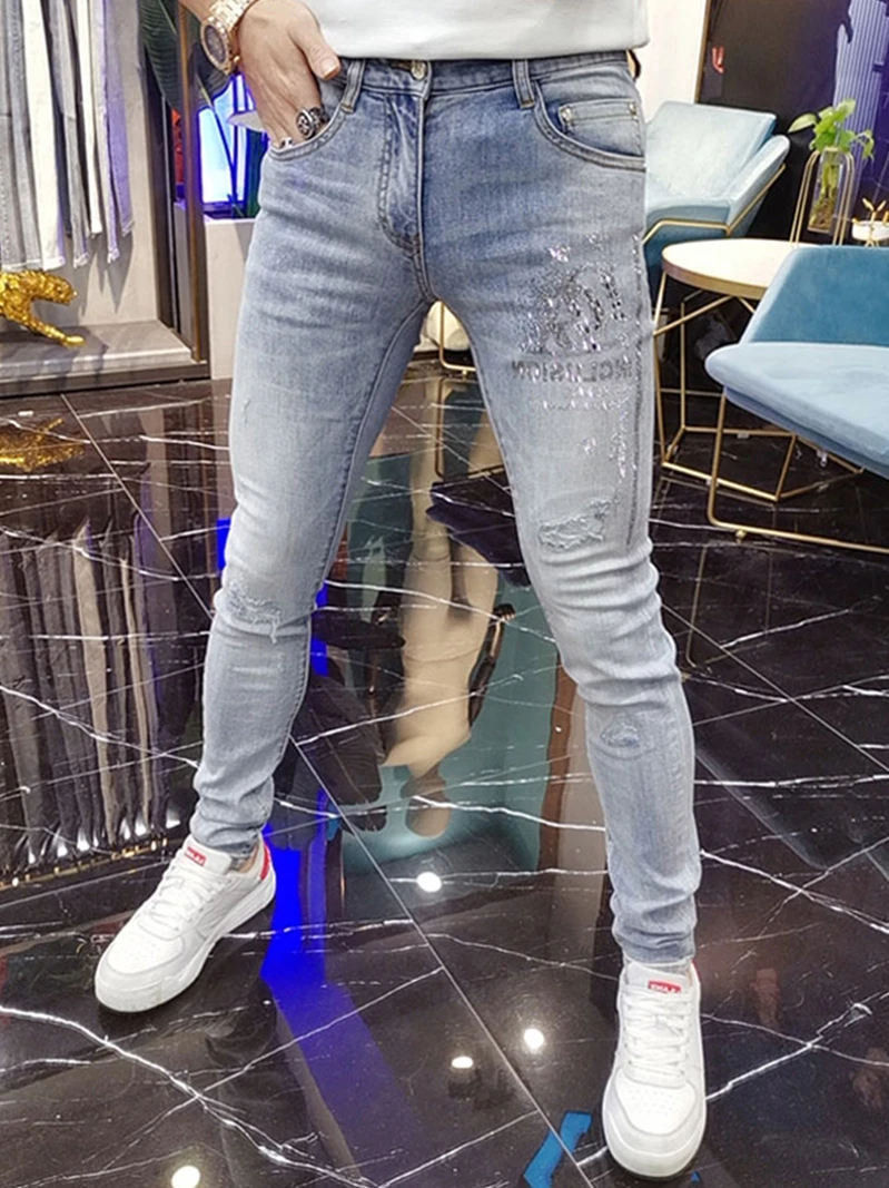 

Men's Slim Fit Jeans Spring Summer Light Washed Ripped Denim Pants Youth Trendy Casual Straight Leg Zipper Fly All Seasons