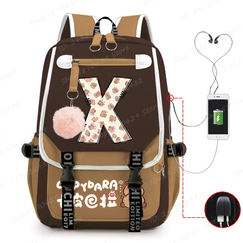 

Cute Capybara 26 Alphabet School Backpack Children Teen Girls Boys Schoolbags Usb Charging Book Bag Kawaii Capybara Travel Bags