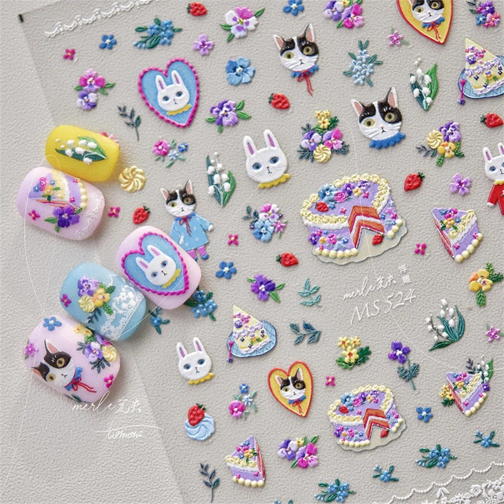 1pcs 5D Kawaii Cat Nail Art Stickers Relief Japanese Cartoon Retro Cake Animals Adhesive Manicure Decals Decorations Accessories