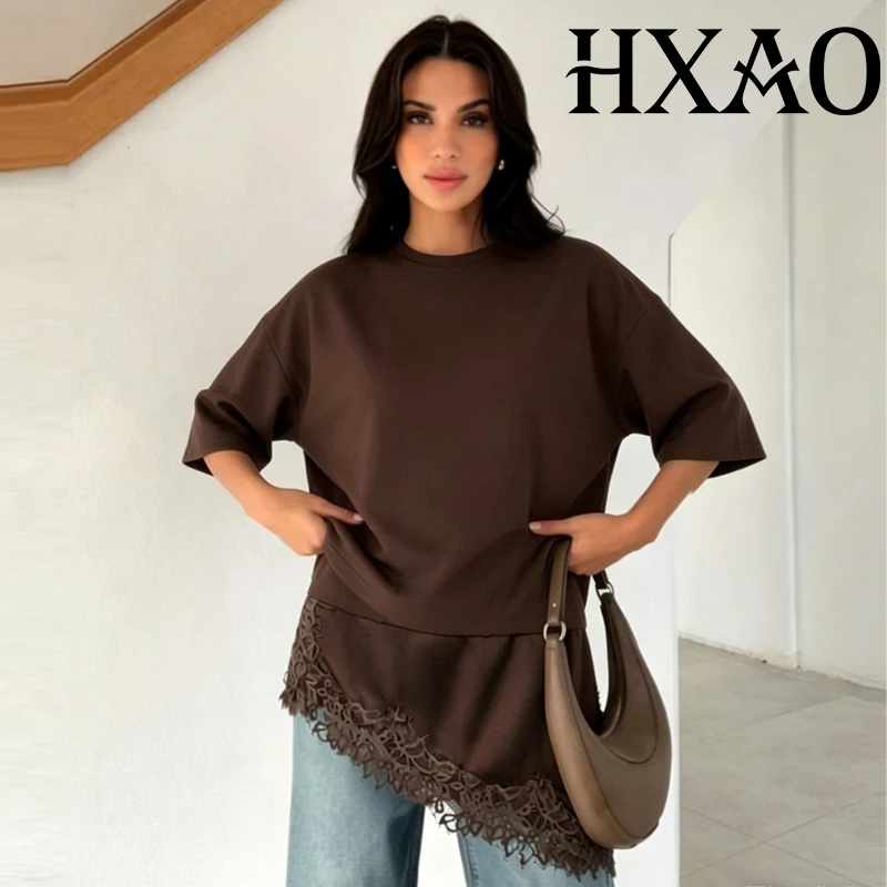 HXAO Camiseta de encaje marrón para mujer, camiseta de verano de manga corta, camiseta larga para mujer, camisetas holgadas asimétricas negras y blancas para mujer