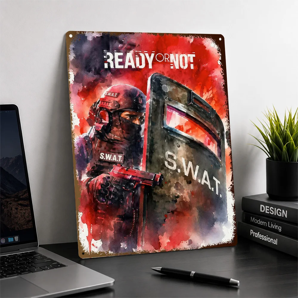 Ready Or Not Shield Officer Textured Poster Customized Metal Tin Sign Battlefield Squad Design Wall Art Enhances Collector Den