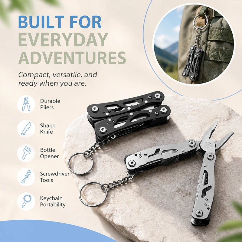 Stainless Steel Folding Multi-Tool Pliers Portable Keychain Pocket Knife with Bottle Opener Screwdriver for Outdoor Camping