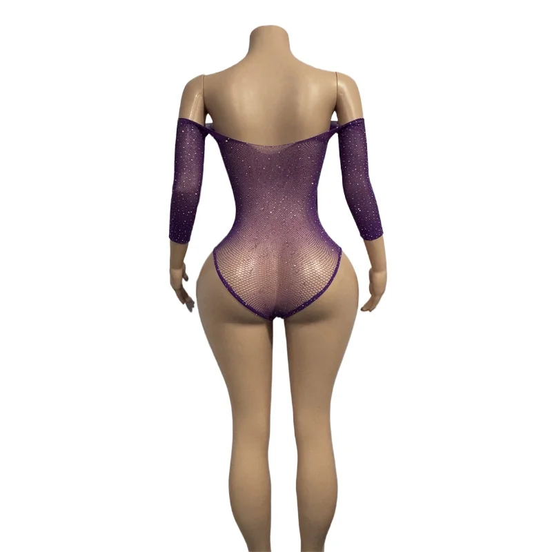 Lencería brillante de moda para mujer, body de diamantes de imitación, top de malla transparente con hombros descubiertos, manga larga, mini body sexy