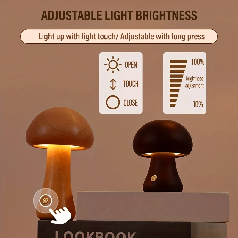 LED fungo luce notturna USB ricaricabile Touch lampada da comodino in legno decorazione ambientale lampada camera dei bambini libro regali