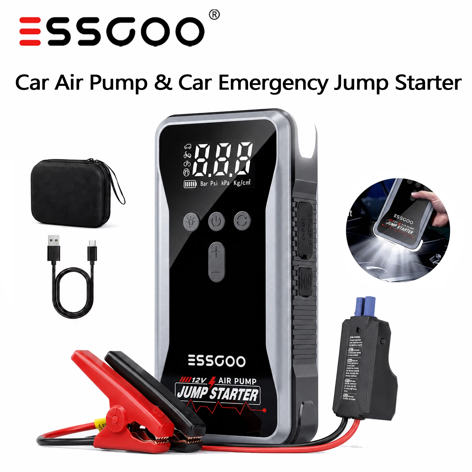 ESSGOO Avviatore di Emergenza Portatile per Auto Power Bank 12V Avviatore per Motori a Benzina e Diesel Compressore d'Aria Portatile 2 in 1 Avviatore a Batteria 150PSI Booster Batteria