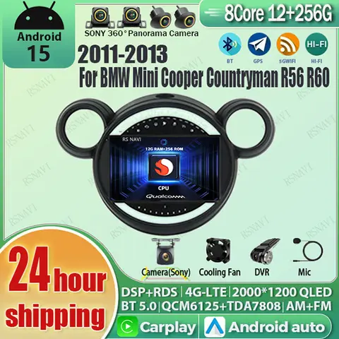 Android 15 Carplay Auto 2K Screen Car Radio Multimedia Player For BMW Mini Cooper Countryman R56 R60 2011-2013 Stereo Navigation