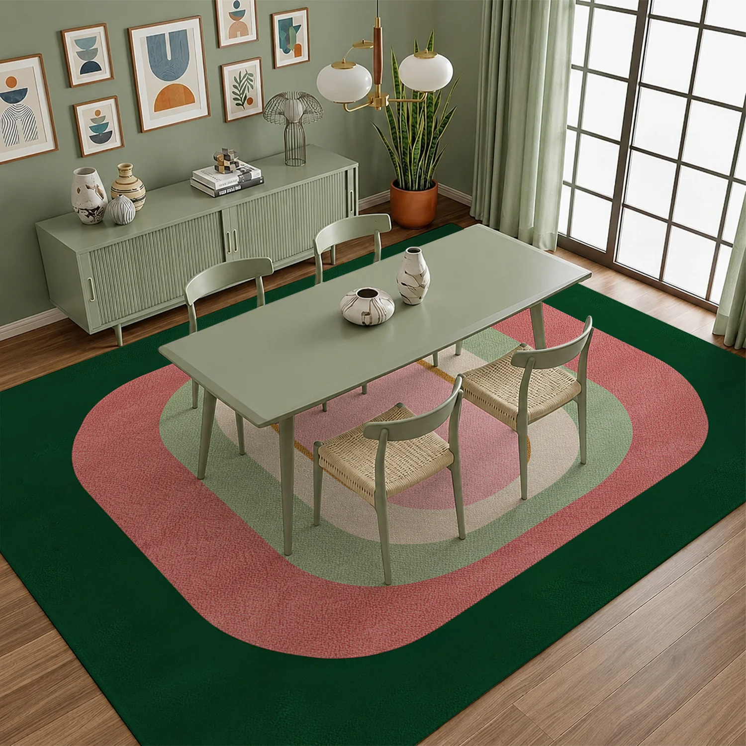 Large Indoor Area Rug Soft Velvet Low Pile Non-Slip Dotted Backing Machine Washable Retro Concentric Oval Geometric Accent Rug for Living Room Bedroom Blush Pink Sage Green Cream Modern Home Floor Decor