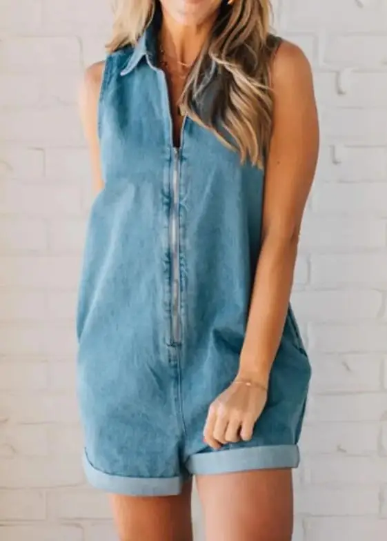 

Fashion Women's Solid Color Collar Sleeveless Zipper Cowboy Jumpsuit New 2025 Hot Selling