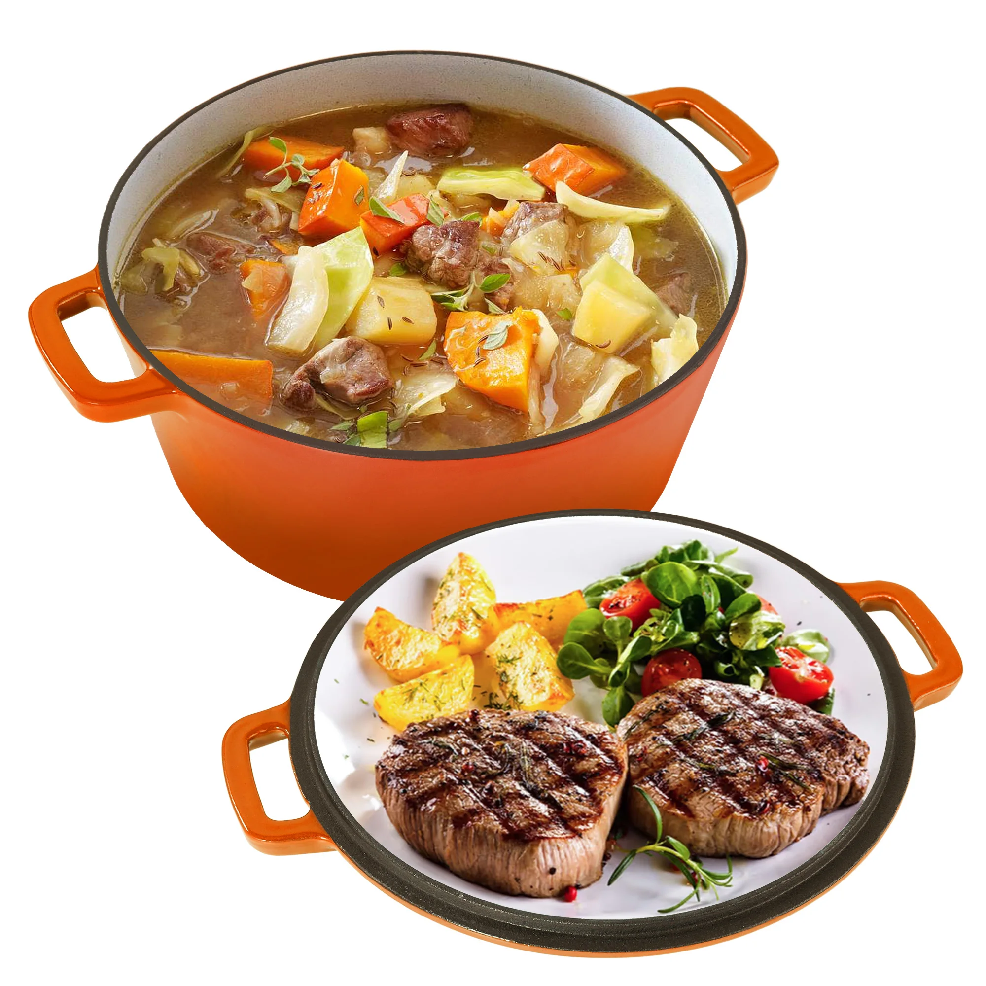 

Эмалированная чугунная голландская кастрюля 2 в 1, 6QT с крышкой 2QT — большие двойные ручки — безопасная для духовки до 500 ° F - Классический круглый горшок