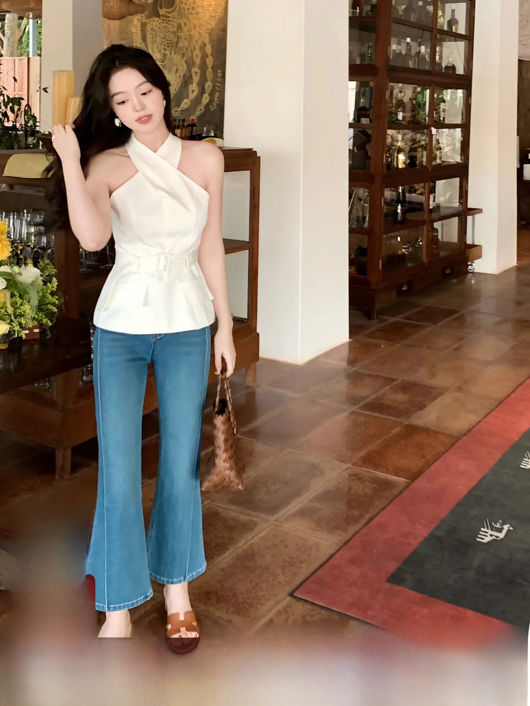 

Slim Fit Casual Style Denim Flared Pants Women's Nine Points Tailored Jeans Comfortable Fashion Simple Design Spring Season