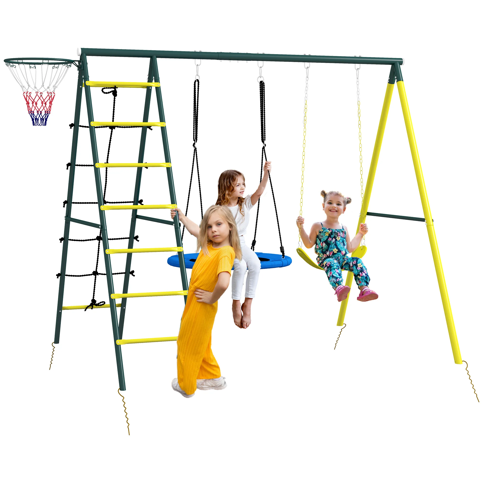 Outsunny Columpio Infantil 4 en 1 con Columpio Nido e Individual Red para Escalar Canasta de Baloncesto Escalera Amarillo