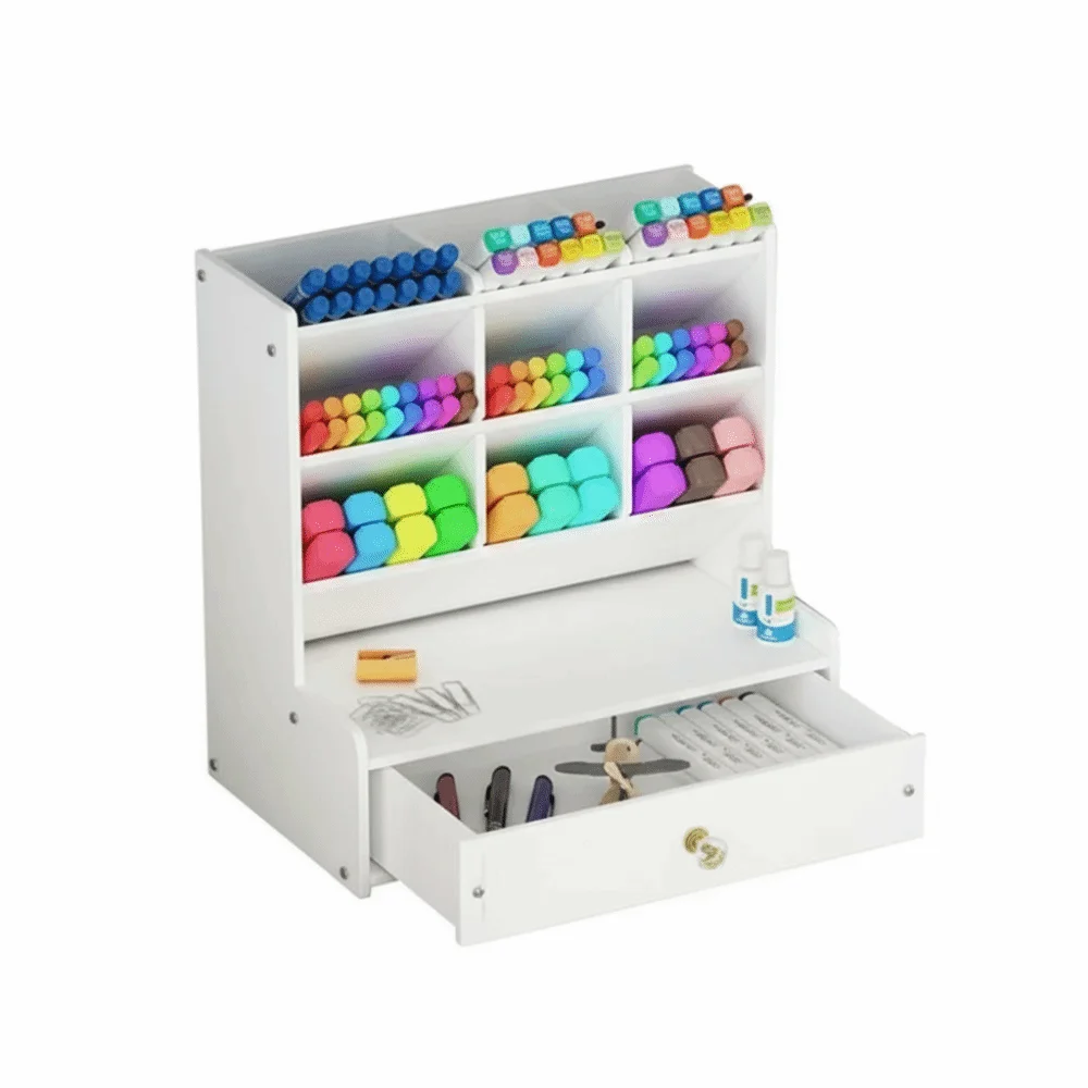 

With Drawer Desk Pencil Holder Multi-Function Large Capacity Desktop Organizer Easy to install White Stationery Storage Rack