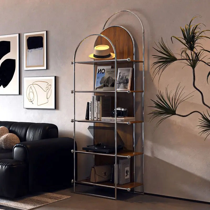 

Retro medieval French light luxury Nordic stainless steel bookshelf black decorative shelf household storage shelf