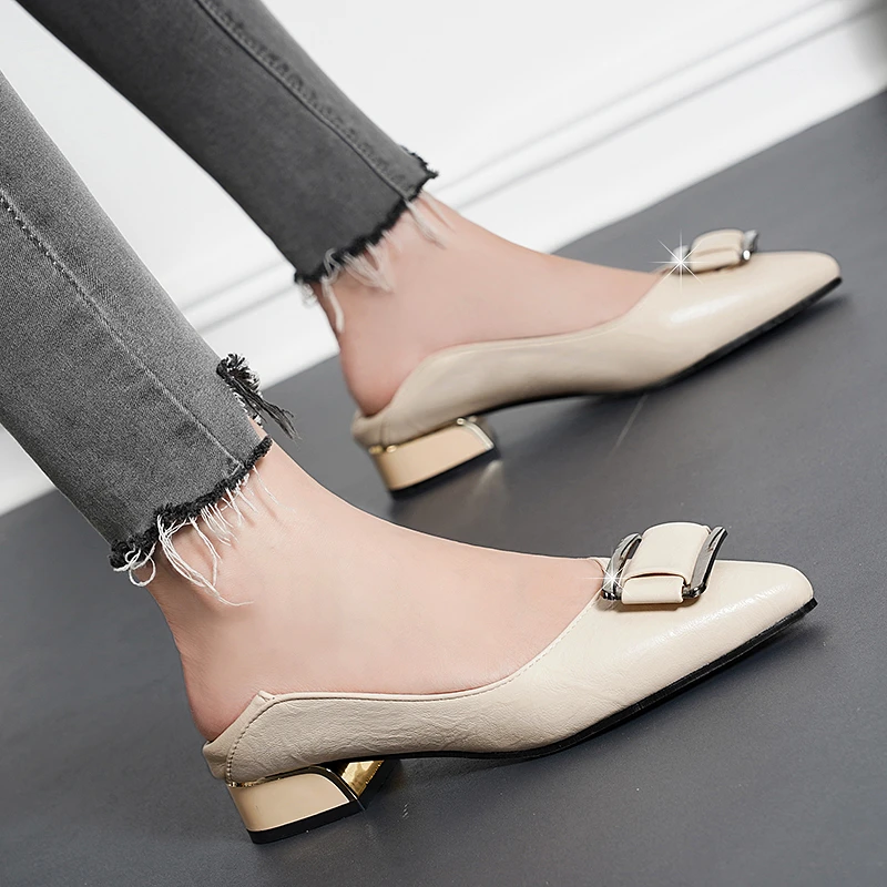 Square Heels Pointed Toe Pumps Shoes  Leather Med  V Mouth Casual Office Lady OL  5 Cm Heel