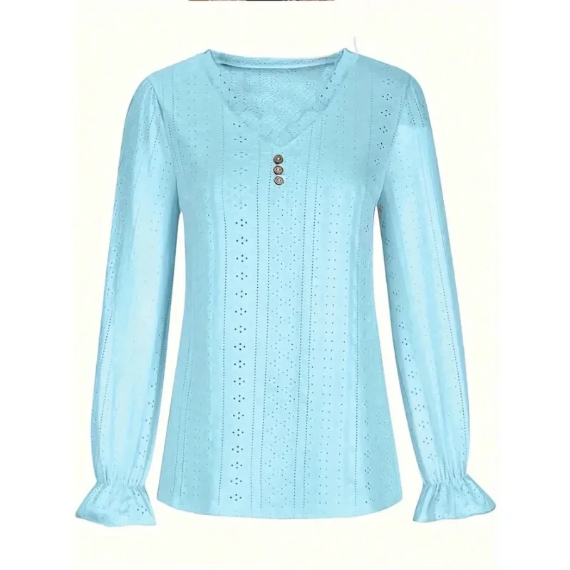 Camiseta de manga larga para mujer, jersey de Color sólido con tres botones delanteros y cuello en V a la moda, talla grande 1XL-5XL