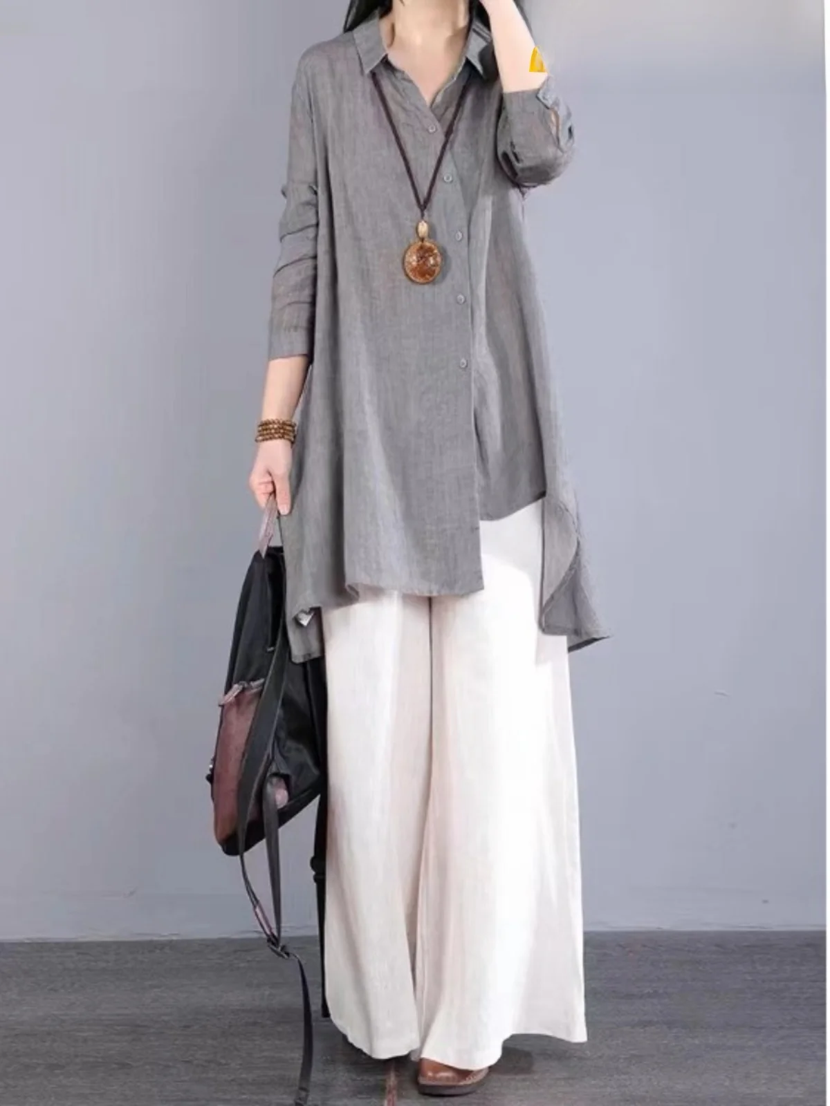 

Trendy Cotton Linen irt Spring Summer Japanese Sle Large Size Asymmetrical Loose Long Sve irt Women's Busin Casua...