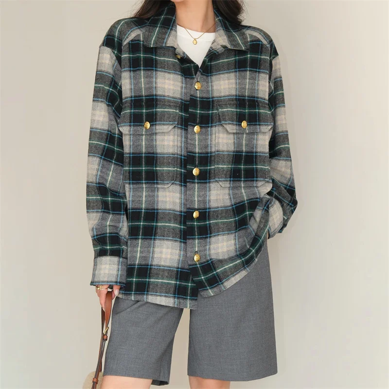 Women shirts 2024 Autumn Fashion Checkered Printed Long Sleeve Top High quality wool blend Women's blouse Couple style thin coat