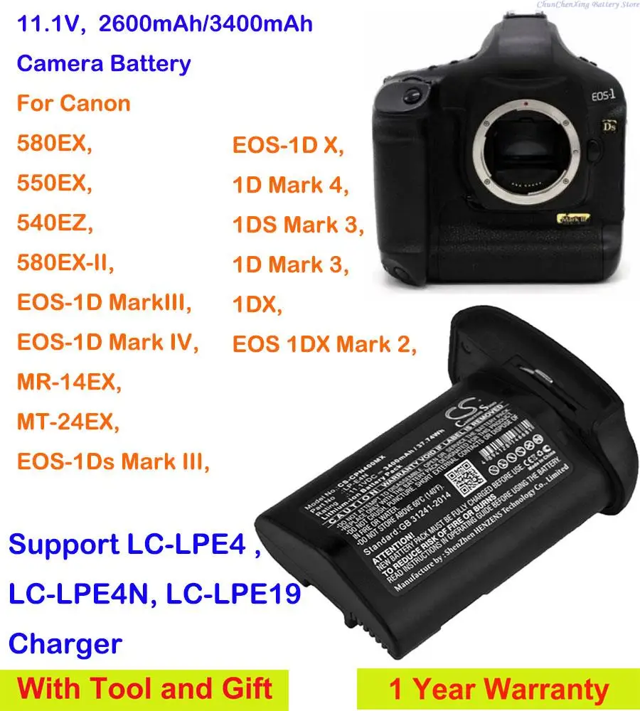 

2600mAh/3400mAh Camera Battery LP-E4N for Canon 580EX-II,580EX,550EX,540EZ,MR-14EX,MT-24EX,1DX,1DS Mark 3,580EX-II