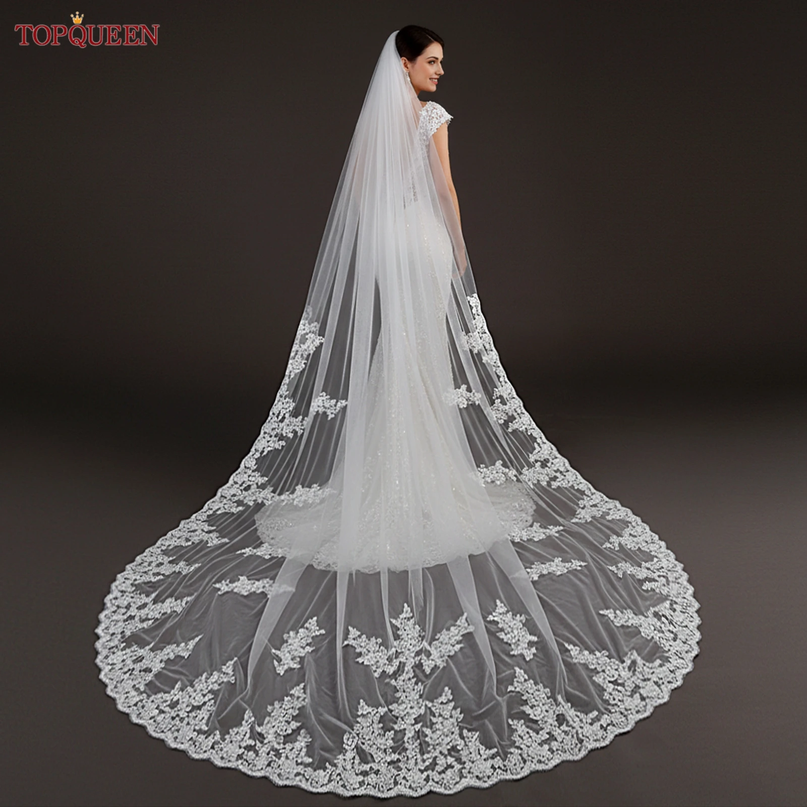 

TOPQUEEN кружевная фата соборная фата с французской кружевной свадебной фатой испанская фата Velos De Novia Largos настраиваемая V67