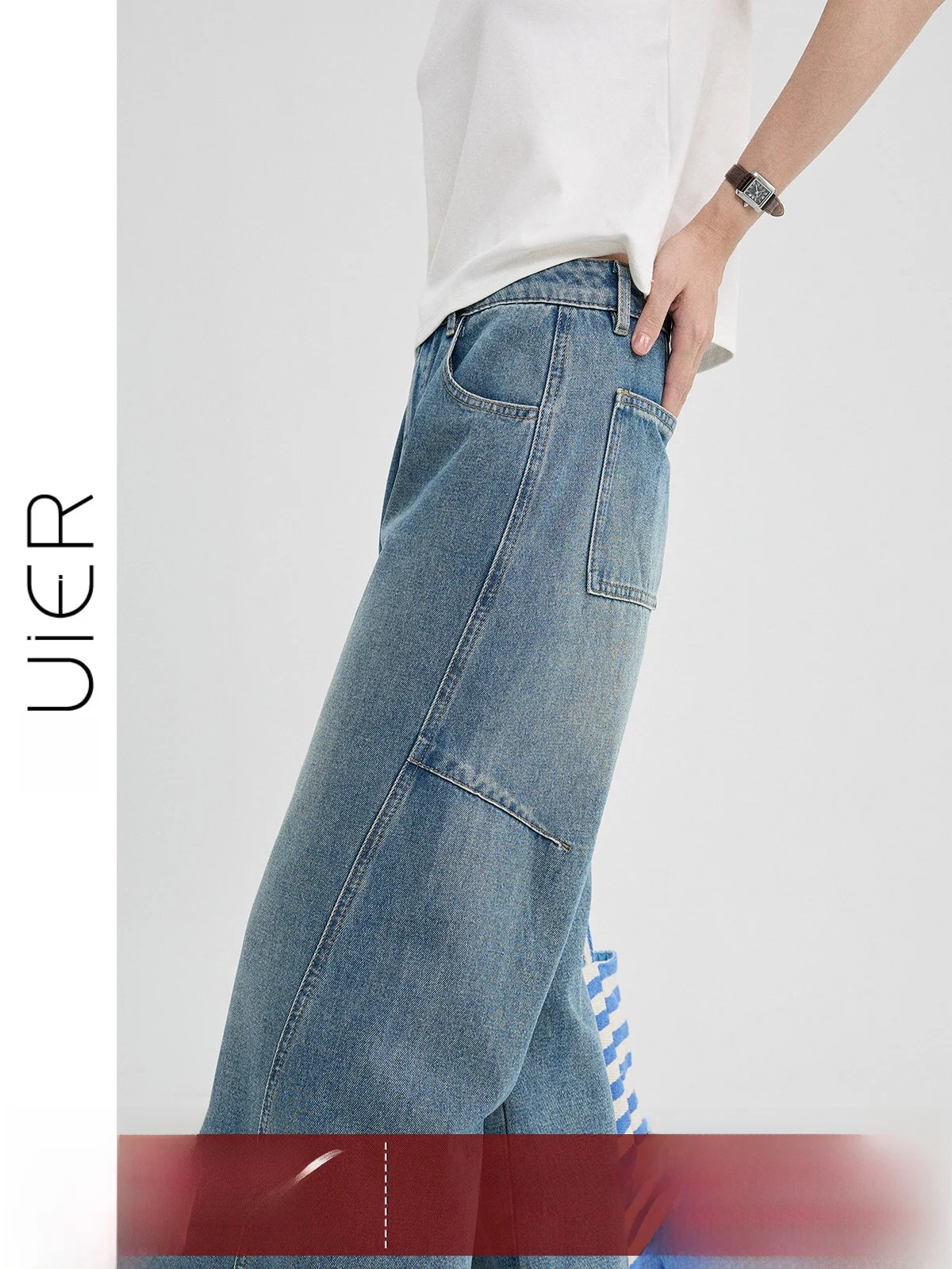 

High Waist Wide Leg Denim Jeans Women Summer 2026 New Design Splicing Slimming Loose Straight Leg Pants G7976 Pure Color