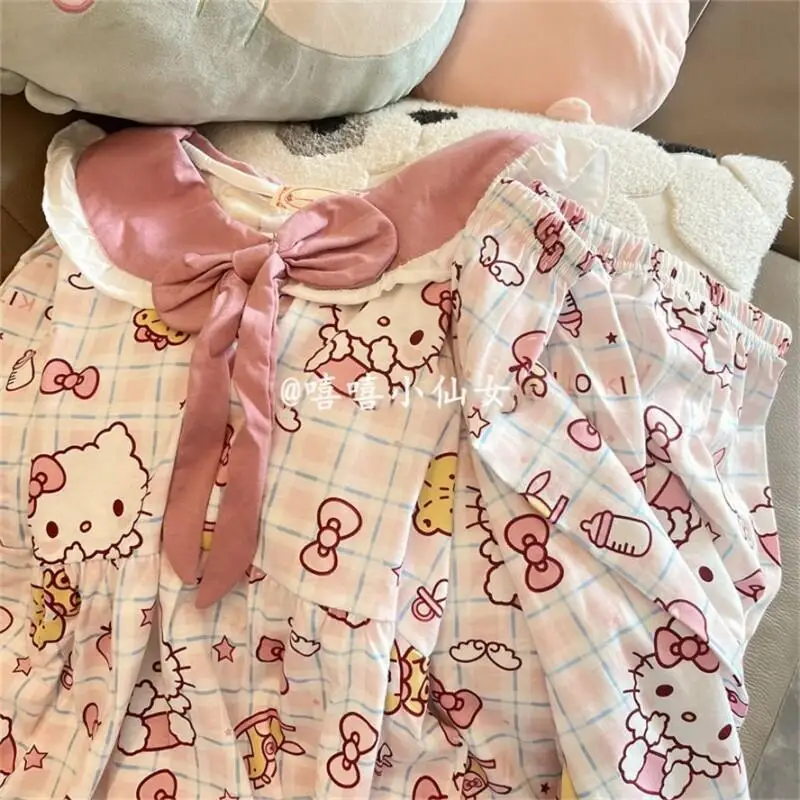 Conjunto de ropa para el hogar para estudiantes, pijamas KT con lazo dulce y bonito para primavera y otoño, ropa de abrigo Sanrio para niñas, sudaderas de Hello Kitty para mujeres