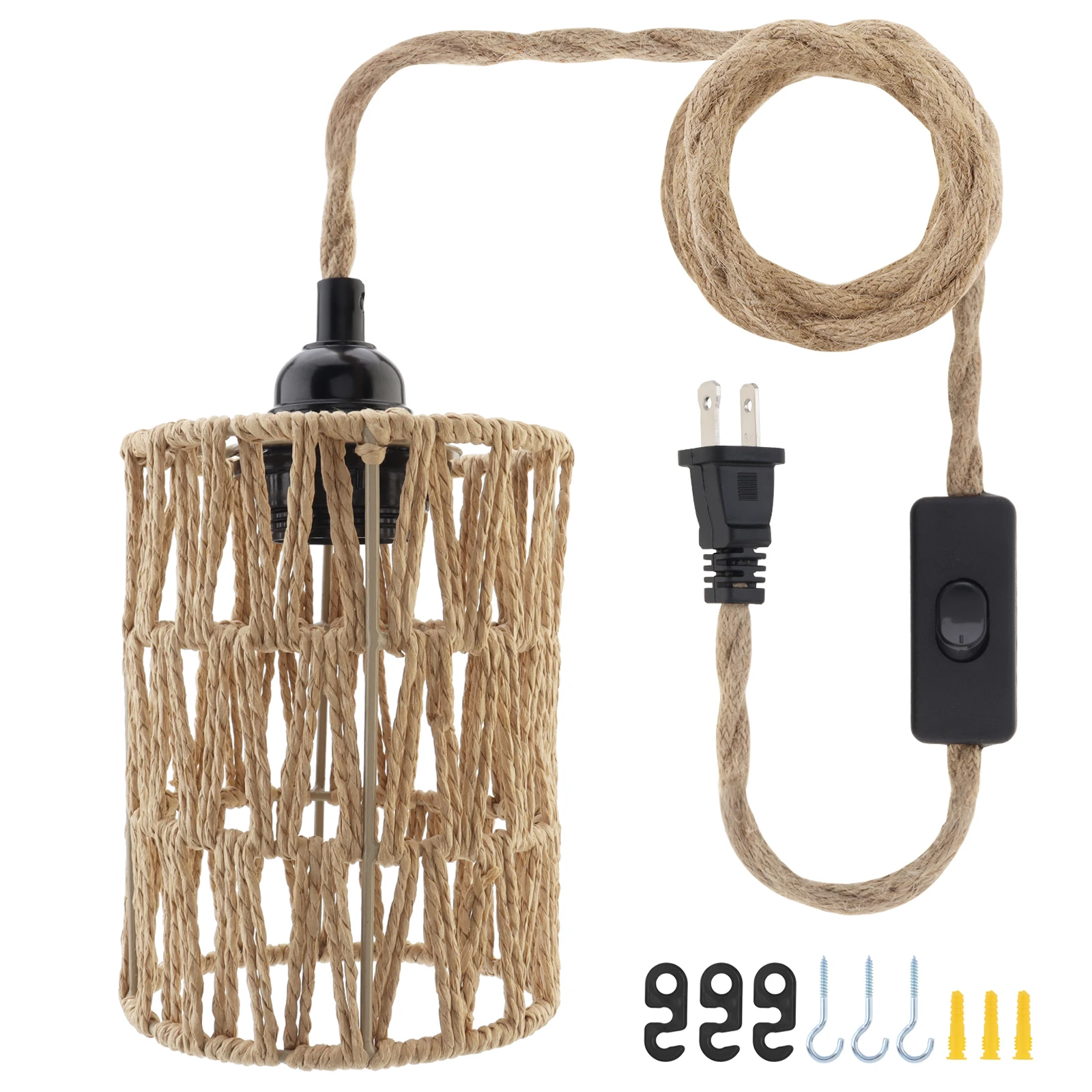 Hanging Lamp Rattan Pendant Light Boho Handmade Woven Retro Home Decor Lamp Plug in Cord Light Fixture for Bedroom Living Room