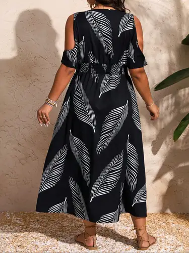 Imagen 2 del producto Vestido cruzado de talla grande con hombros descubiertos y dobladillo dividido, trajes de verano 2024, vestido elegante informal de moda para verano, mujer Plus Cl