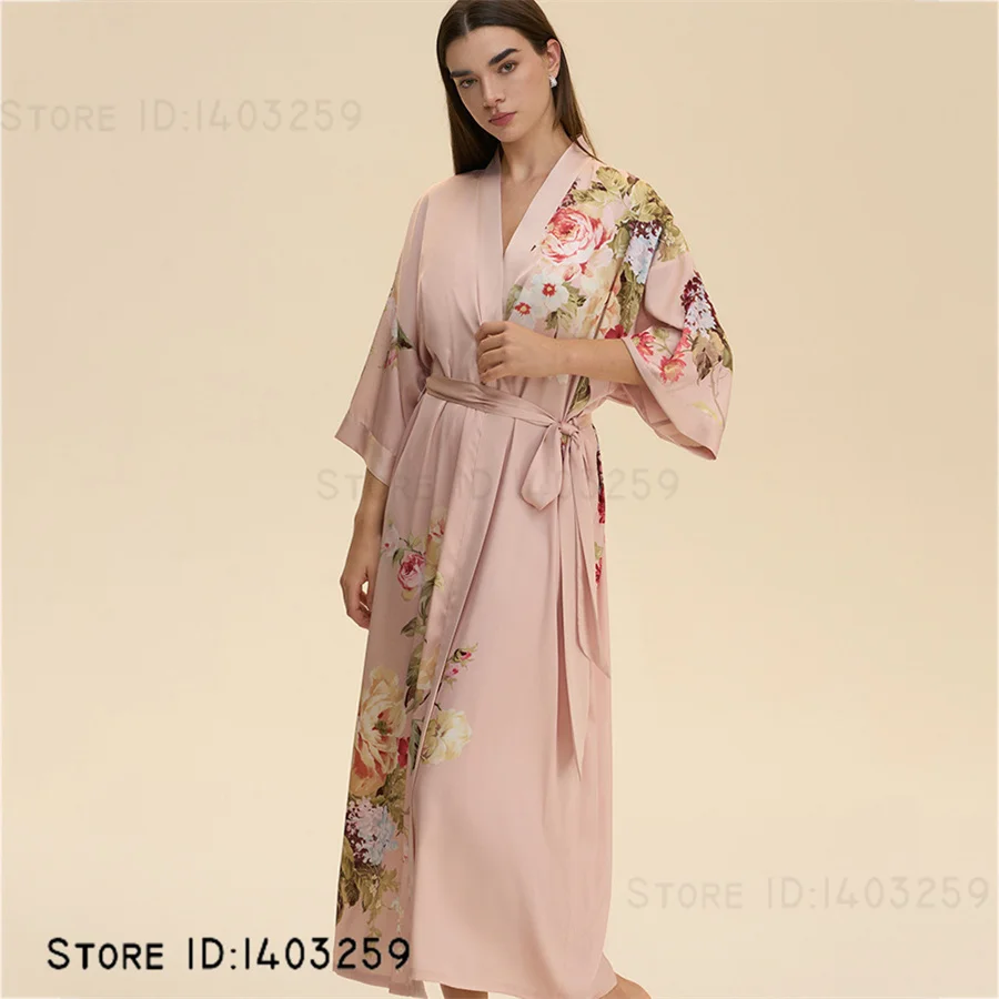 Print Floral Bride Wedding Long Robe Dress Negligee Elegant Silk Satin Kimono Gown Bathrobe Big Size Loose Homewear Nightgown