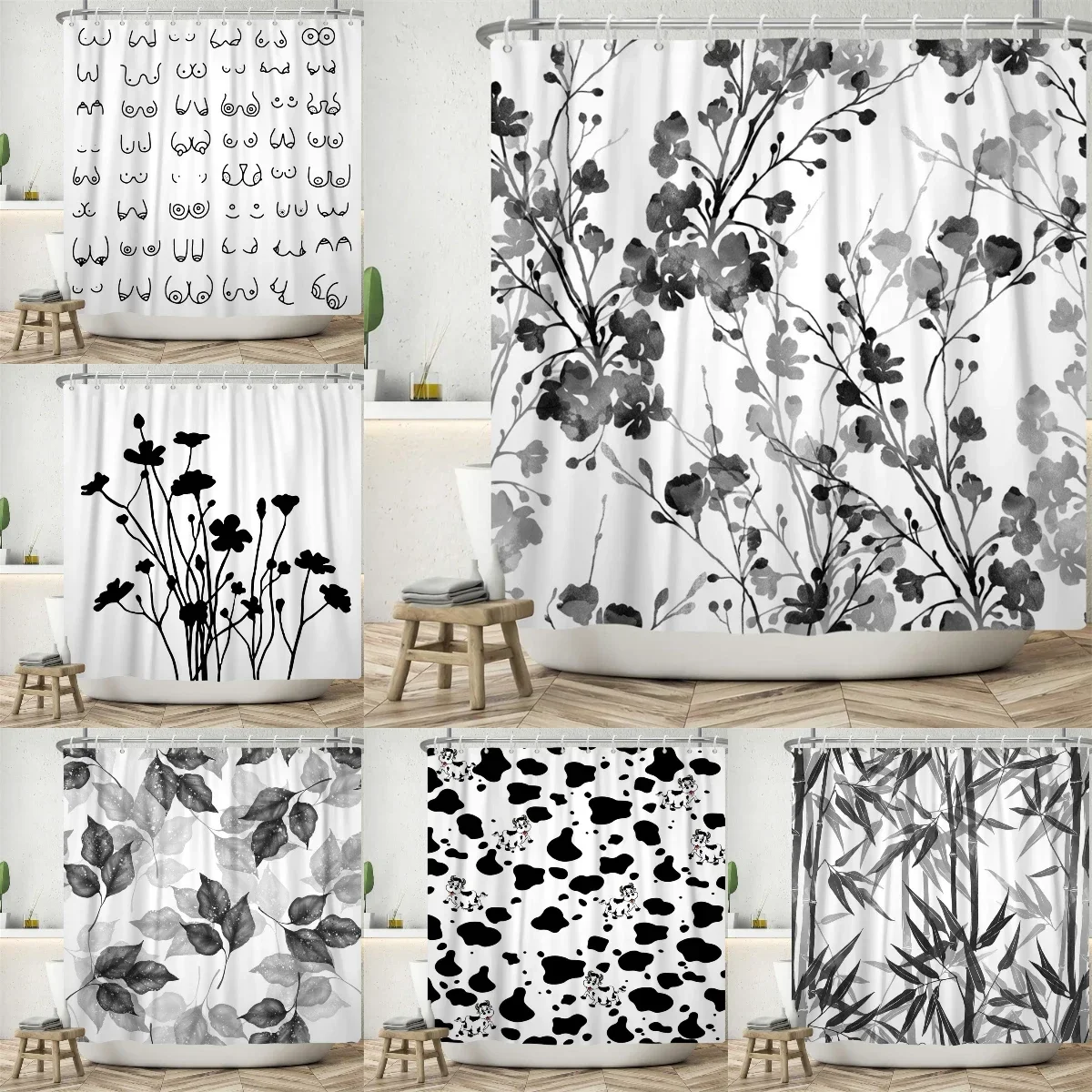 Black Pattern White Shower Curtains Bathroom Curtain With Hooks Waterproof Bath 180*180cm Creative Personality Shower Curtain