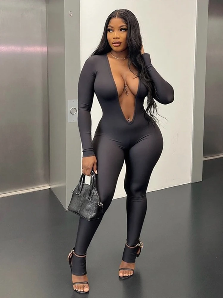 

kliou Deep V-neck Cleavage Women Jumpsuits Concise Solid Full Sleeve Backless Stretch Slim Overalls Female Basic Sexy One Piece