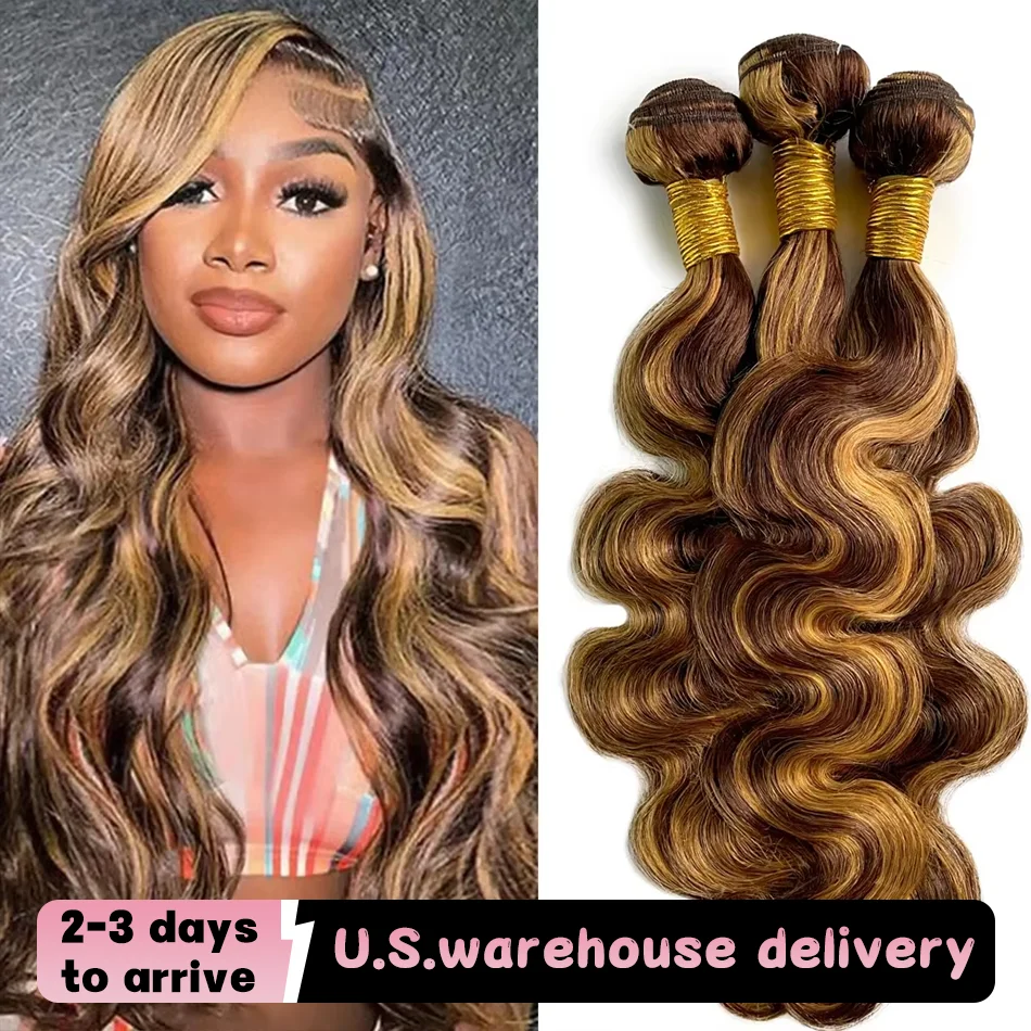 

P4/27 Highlight Human Body Wave Bundles 100% Human Hair Brazilian Hair 3 4 Pcs Raw Hair Bundles Ombre Brown Weave Extensions