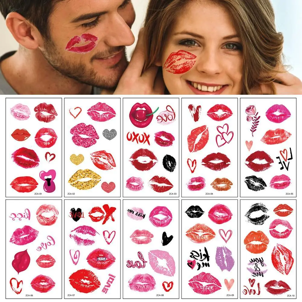 

10 Sheets Valentines Lip Temporary Tattoos, Red Pink Lip Print Kiss Face Tattoo Stickers Body Decorations Waterproof For Women
