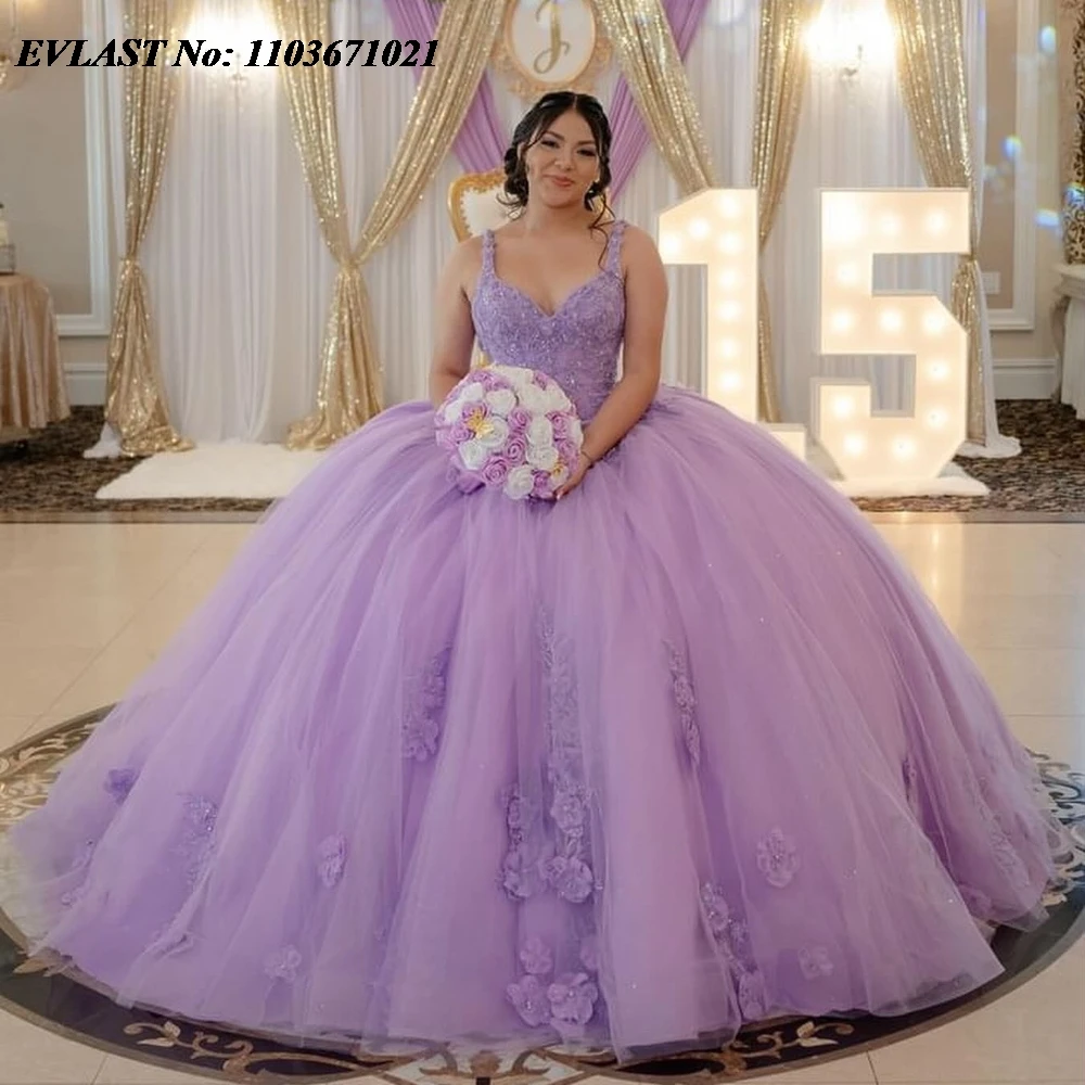 EVLAST Customized Lavender Lilac Quinceanera Dress Ball Gown Lace Applique Bead Mexico Corset Sweet 16 Vestidos De 15 Anos SQ571