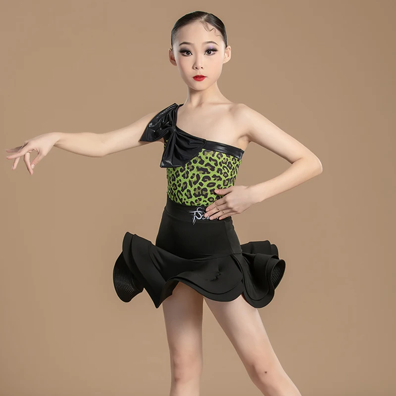 Fashion Latin Dance Competition Dresses Girls One Shoulder Leopard Top Dancing Skirt Kids Chacha Dance Performance Wear SL10041