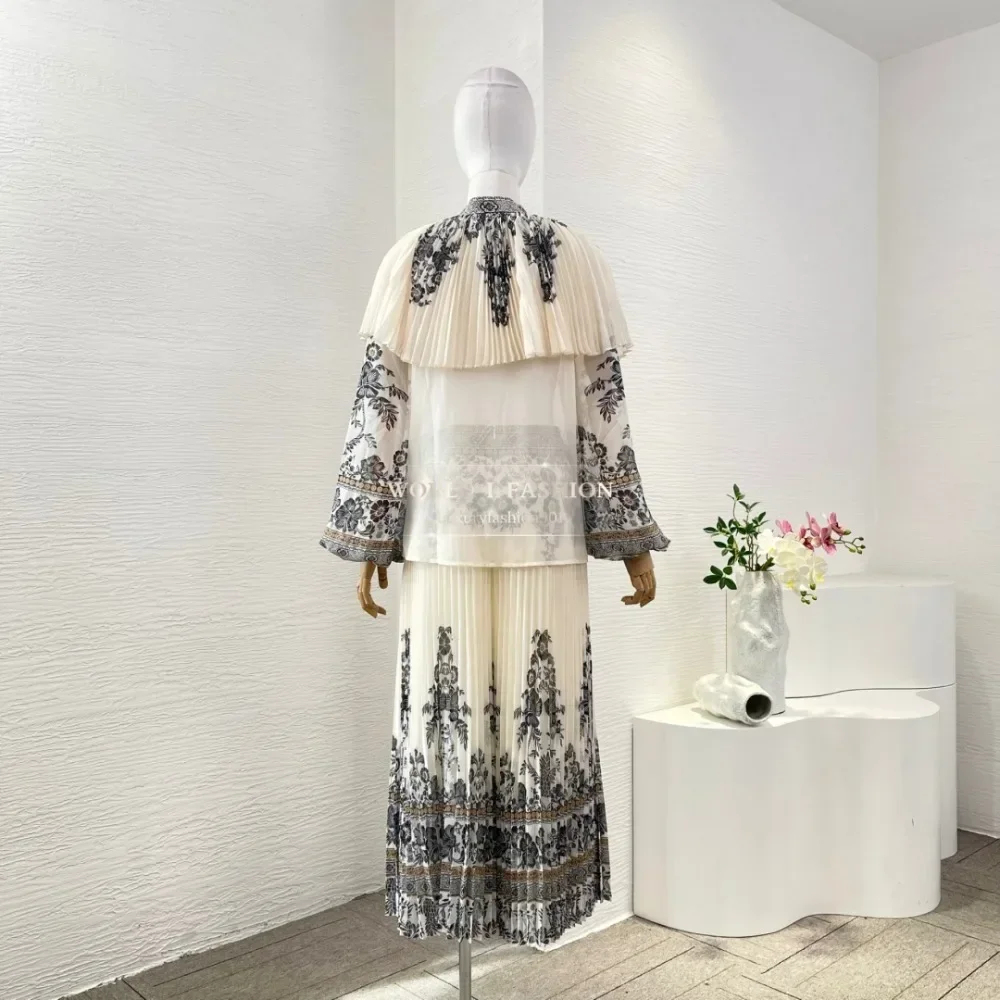 

White Floral Print Long Sleeve Lantern Sleeve Pleat See Through Blouse Tops and Midi Skirt Set 2025