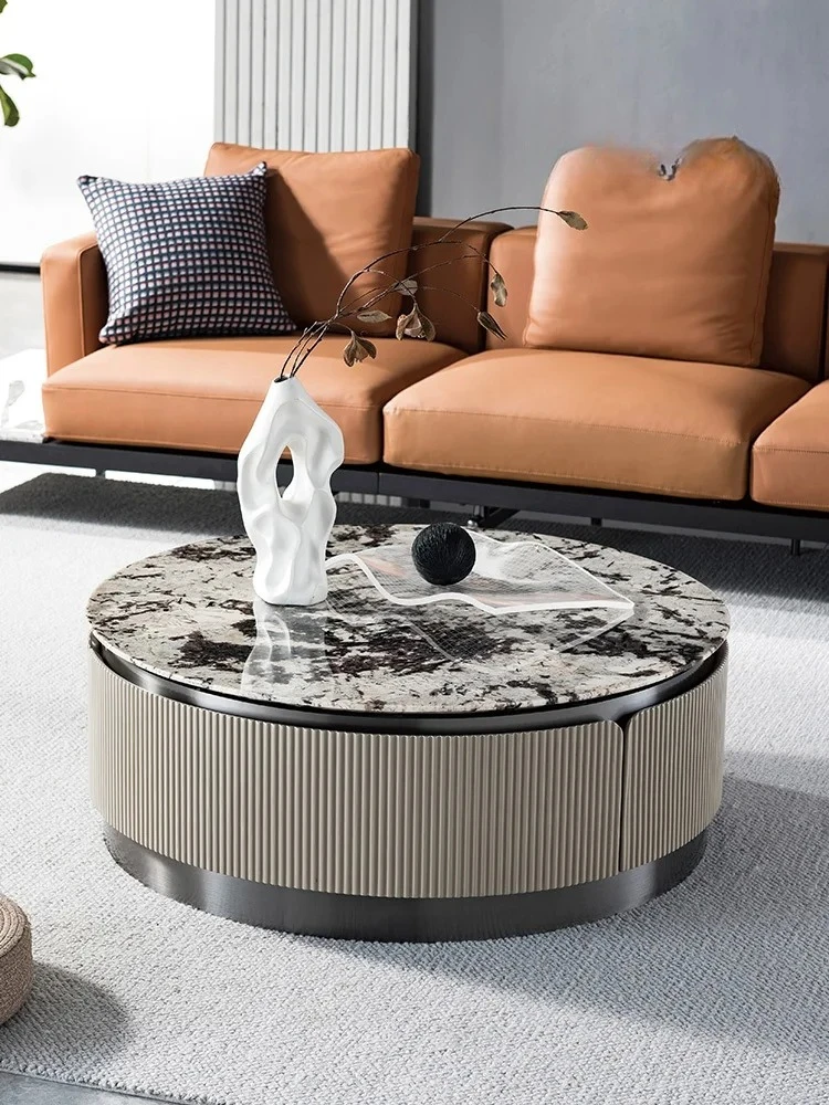 

Italian Mild Luxury Marble Leather Tea Table Modern Minimalist round Retro Tea Table Combination