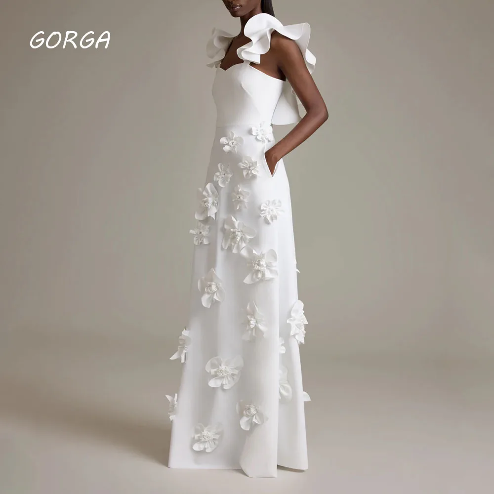 

GORGA Puple Strapless 3D Flowers A-LINE 2024 Slim Long Crepe Ocassion Gown Floor-Length Evening Dress فستان سهرة نسائي