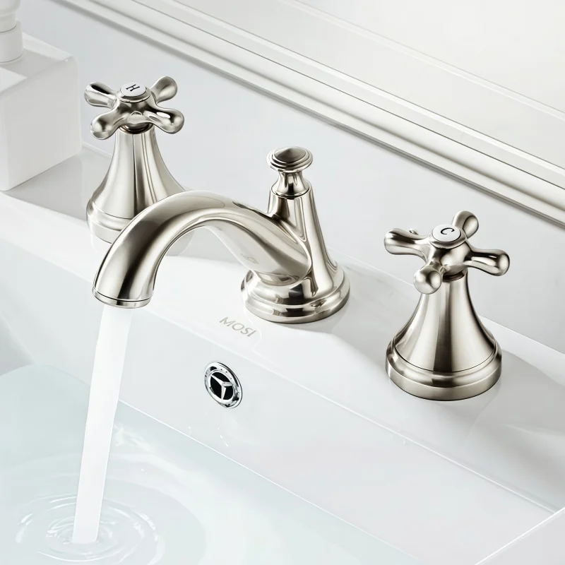 European Style Brushed Finish Basin Faucet Hot and Cold Water Copper Three-Hole Split Base Double Handle Sink Faucet