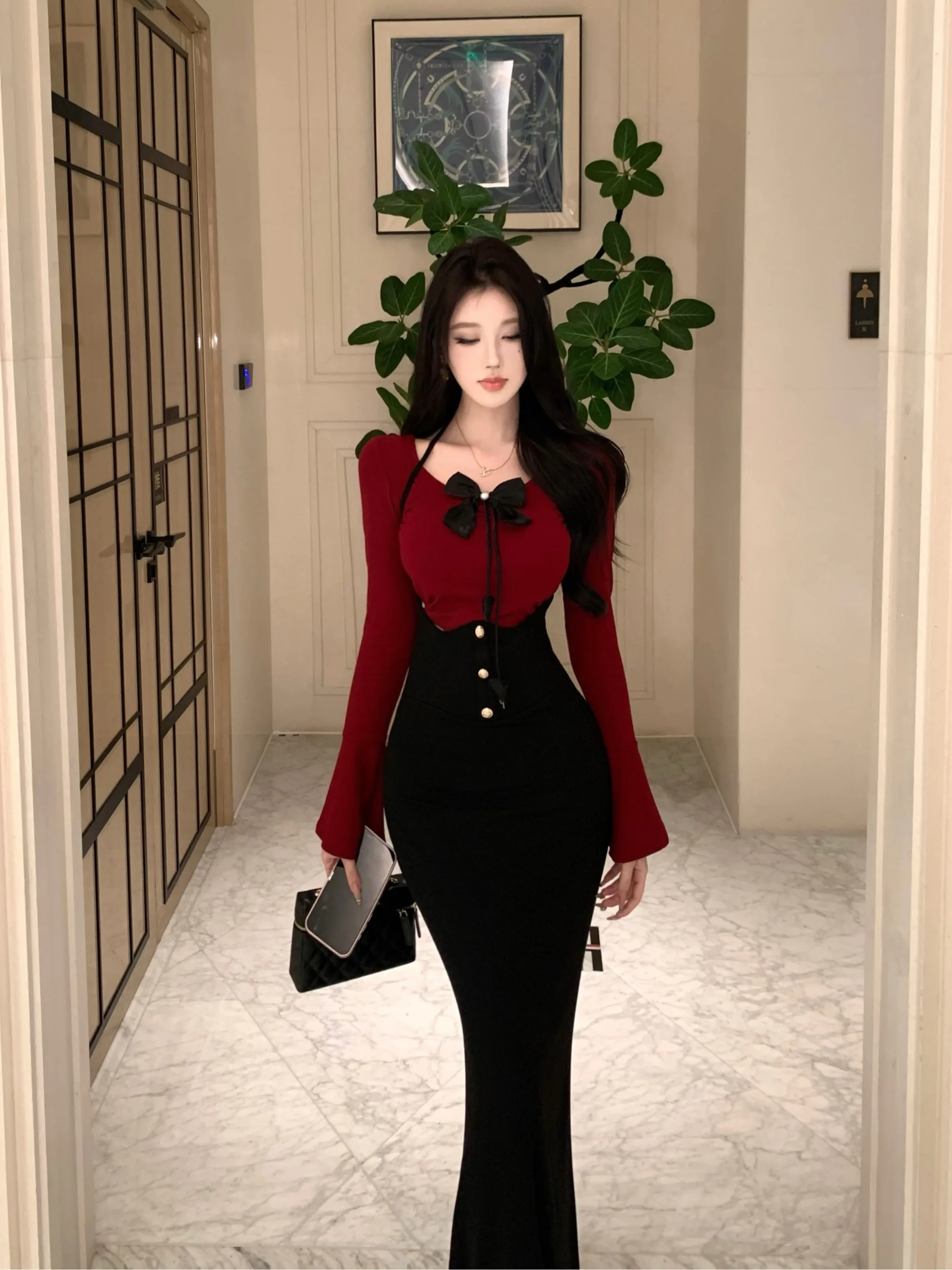 Elegant 2-piece Skirt Set For Women Red One-shoulder Knitted Top High-waist Bandage Bodycon Mermaid Skirt Trendy Commute Clothes