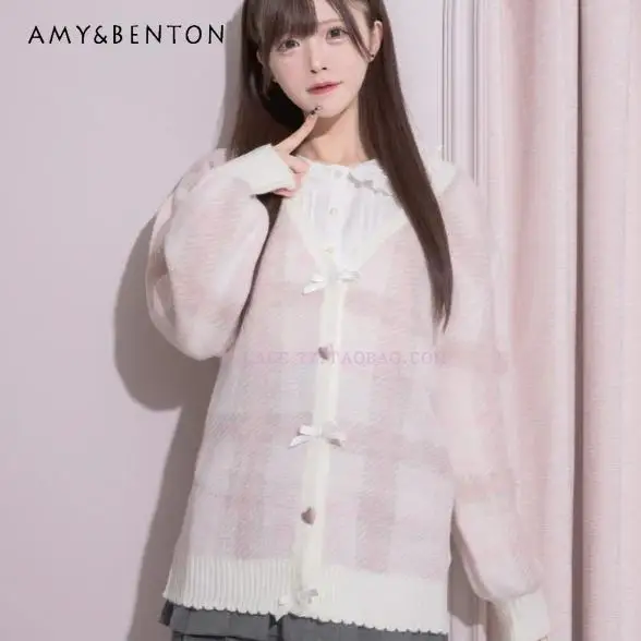 Japanese Sweet Girl Plaid Woven Love Bow Plush Single-breasted Cardigan Women Preppy Style Cute Patchwork Loose Knitted Cardigan