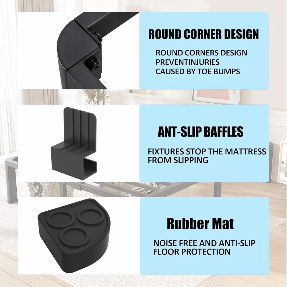 إطارات سرير مزدوجة بأرجل حافة زاوية مستديرة، ارتفاع 14 بوصة 3500 رطل إطار سرير بمنصة معدنية شديدة التحمل مقاس مزدوج