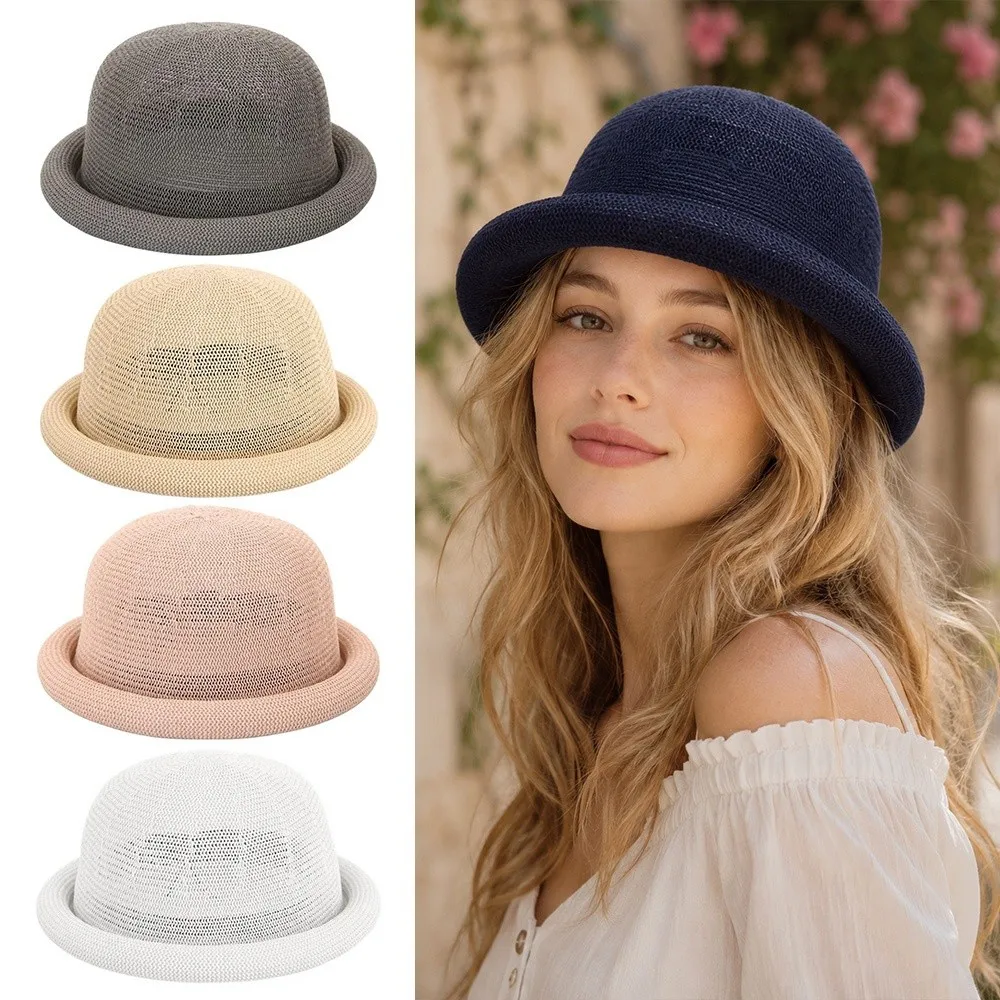 New Raffia Weave Straw Sun Hat Short Brim Round Top Sun Visor Hat Casual Sun Protection Roll Brim Hat Beach Vacation