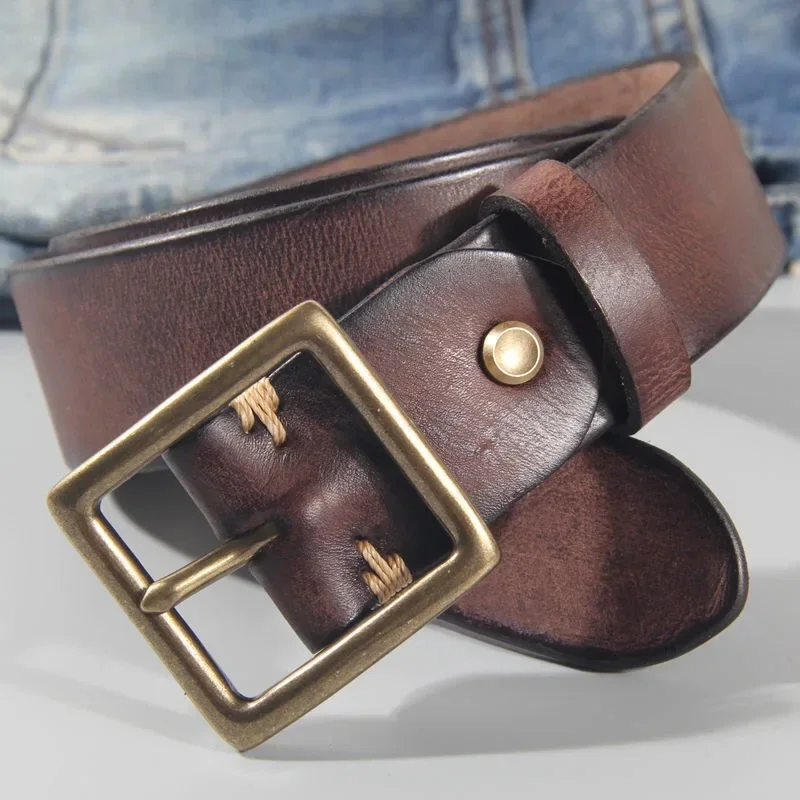 

Vintage 100% Cowhide High Quality Retro Non-interlayer Natural Leather Copper Buckle Men's Belt Jeans Casual Pants Belt