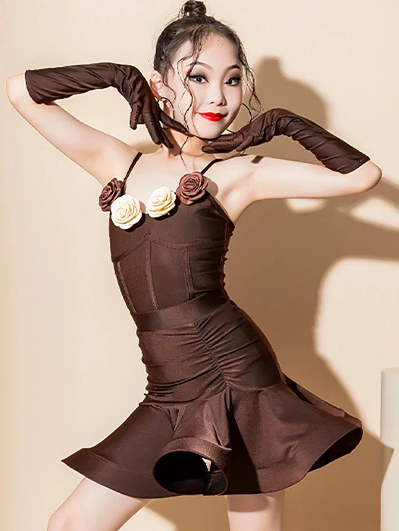 Koffie Kids Meisje Performance Latin Dance Grote Rok Zoom Training Rugloze Samba Chacha Rumba Professionele Wedstrijd Kostuum