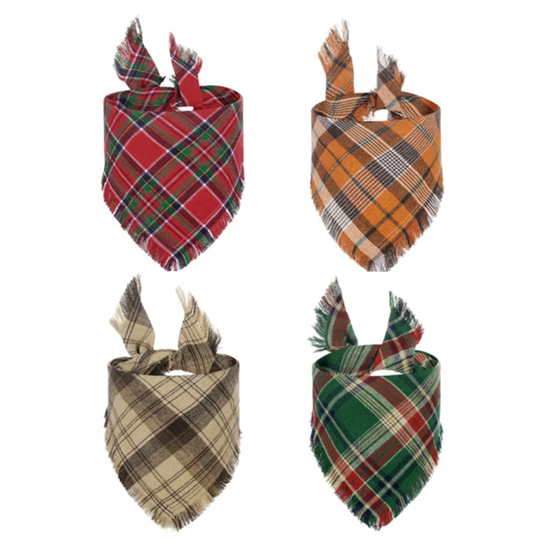 Dog Bandanas With Tassels Edges, Stylish Plaid Dog Scarf Bib, Plaid Pet Triangle Scarf Tassel Bandanas