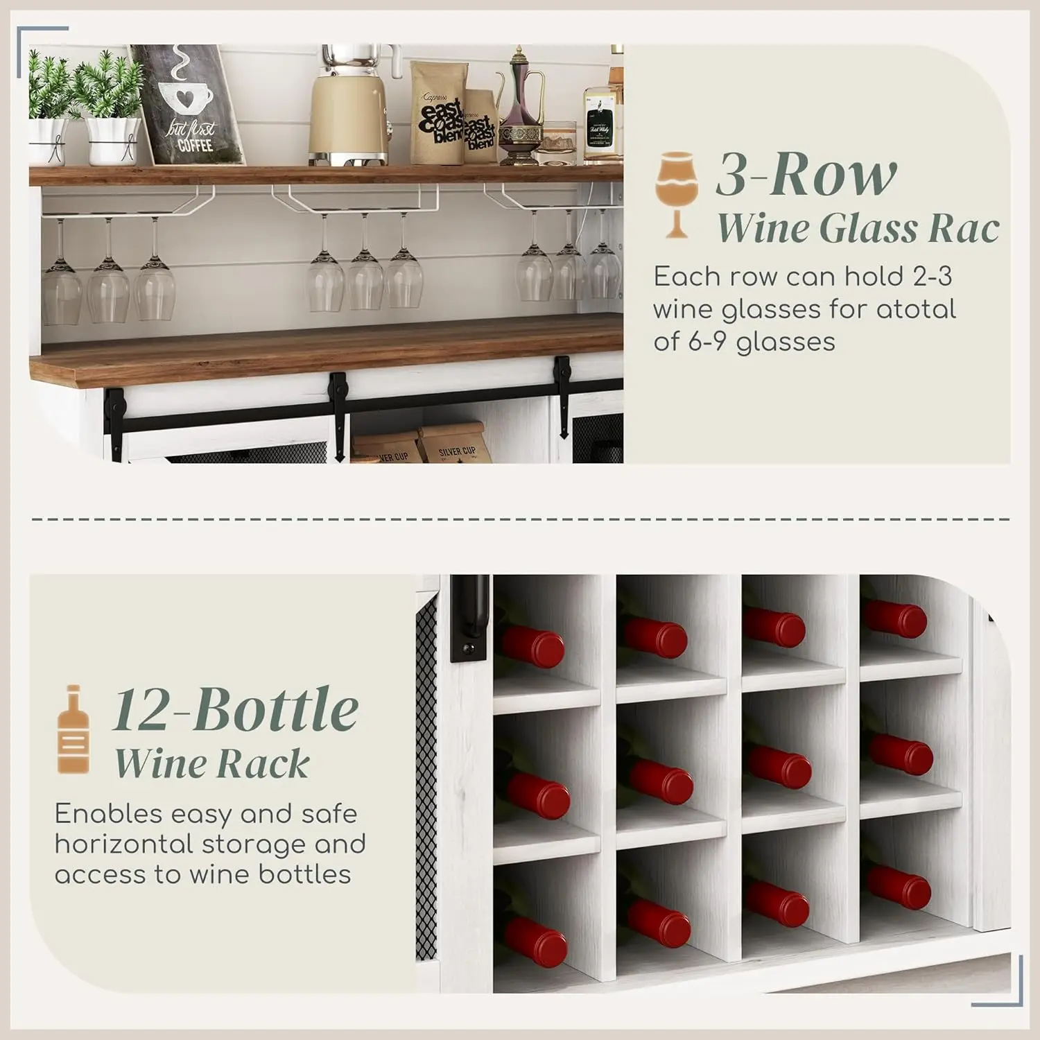 Smart LED Coffee Bar Cabinet 55in Wine Rack Glass Holder Sliding Mesh Door Kitchen Buffet Customized