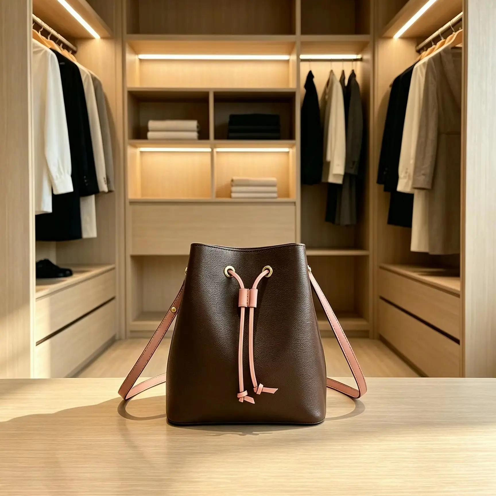 Brown And Pink Color Block Bucket Bag Drawstring Faux Leather Crossbody Handbag Ladies Casual Shoulder Purse